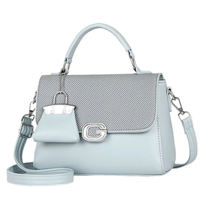 Elegante bolso de mano en ecocuero azul y lona gris con hebilla G plateada y colgante