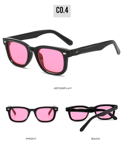 Detaillierte Mehrwinkelansicht der schwarzen quadratischen Sonnenbrille mit rosa Gläsern