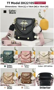 Detail view of stylish crossbody bag in 6 colors with 18x10x18cm size and interior view