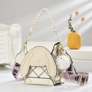 Sac à main élégant en cuir PU crème avec design lapin et large bandoulière violette