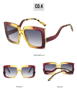 Detailed views of oversized square sunglasses with tortoiseshell gradient and gold accents