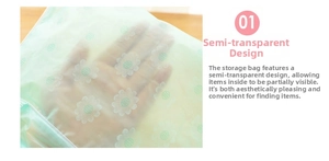 Detail of floral translucent PVC cosmetic bag showing semi-transparent storage design