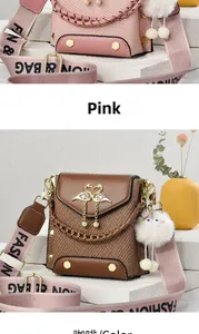 Close-up of pink and coffee crossbody bags with woven straps and swan metal logo