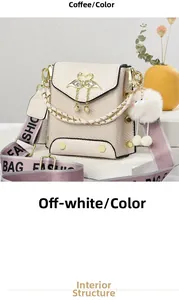 Detail of crossbody bag with swan metal buckle, tassel charm, and woven handle strap
