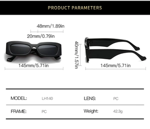 Detailed size chart for rectangular sunglasses showing PC frame and 145mm temple dimensions