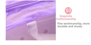 Detail view of purple floral toiletry bag featuring reinforced handles and smooth zippers