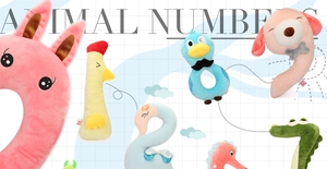Collection of plush animal number toys from 0 to 9 made of soft colorful fabric