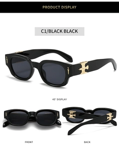 Three-angle product display of black oval sunglasses with golden eagle temple detail