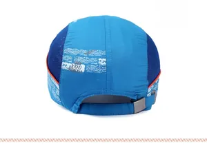 Rear view of blue quick-dry kids baseball cap with breathable mesh and adjustable strap