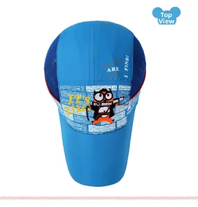 Top view of blue quick-dry kids sun hat with cartoon cat embroidery and breathable mesh