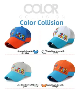 Detail of four color-collision kids baseball caps with mesh back and space robot prints