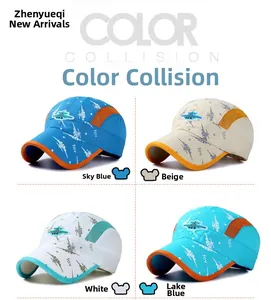 Detail of kids quick-dry mesh baseball caps with airplane design in four vibrant colors