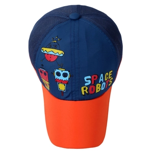 Kids baseball cap with space robots illustration and breathable mesh back in navy and orange