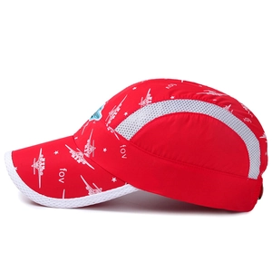 Kids quick-dry red sun hat with airplane prints and breathable mesh panels for outdoor sport