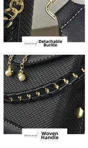 Detail of woven leather handle and gold hardware with pearl pendant on crossbody bag