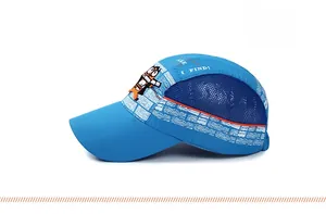 Detail of blue quick-dry kids cap with breathable mesh and cartoon cat embroidery