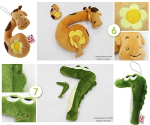 Detail of plush number toys showing sizes of giraffe and crocodile shaped figures