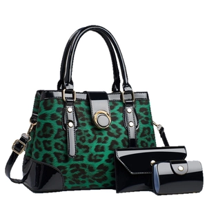 3-piece green leopard print handbag set with patent leather trim and gold hardware