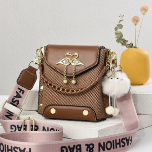 Women Crossbody Bag PU Leather Woven Swan Metal Buckle Small Square Shoulder Bag Wide Printed Strap Plush Ball Charm