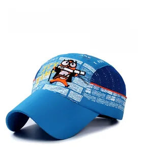 Detail of blue breathable mesh baseball cap for kids with cartoon embroidery and orange trim