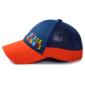 Kids' blue and orange mesh baseball cap featuring Space Robots embroidery for sun protection