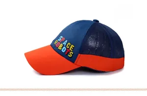 Detail view of children's baseball cap with breathable mesh and Space Robots embroidery