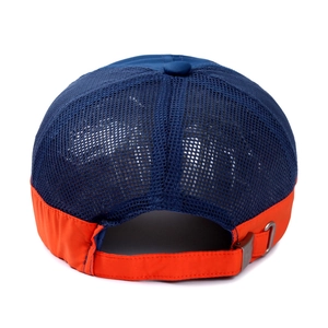 Navy and orange mesh baseball cap with adjustable metal buckle and breathable design