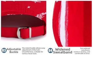 Detail of red baseball cap showing silver adjustment buckle and 3cm breathable sweatband