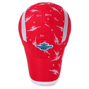 Red quick-dry sun hat for children with airplane patterns and breathable mesh panels