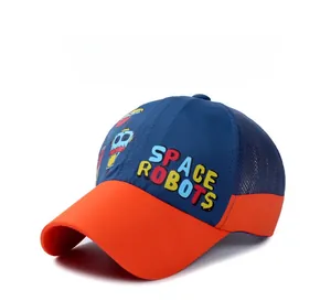 Detail of kids baseball cap featuring breathable mesh and space robot cartoon print