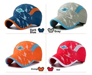 Detailed four-color grid showing quick-dry mesh sun hats for kids in blue grey orange red