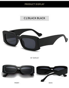 Detailed views of vintage rectangular sunglasses in black finish with multi-angle perspectives