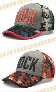 Detail of fashion baseball caps with ROCK embroidery and camo mesh back in two colors