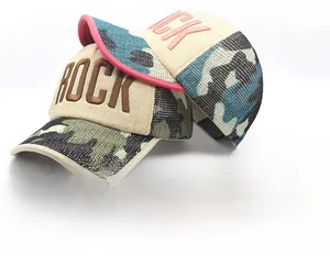 Detail of Rock embroidery on breathable mesh and camouflage canvas baseball caps
