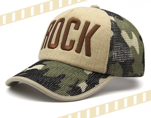 Close-up of 3D embroidered ROCK text on camouflage mesh baseball cap with linen texture