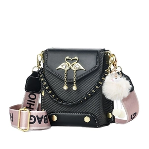 Elegant black shoulder bag with golden swan buckle and wide fashion strap on white background
