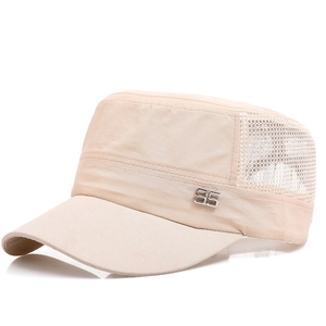 Beige flat top military cap with breathable mesh and 95 metal badge for summer outdoor sun protection