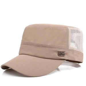 Breathable khaki flat top army cap for men featuring side mesh and a metal number badge
