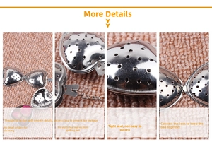 Detail of heart-shaped stainless steel tea infuser with chain and secure locking clasp