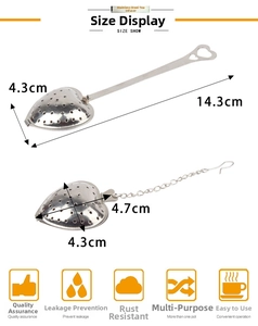 Detailed size measurement of heart-shaped stainless steel tea strainers with long handle