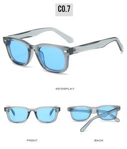 Detailansicht quadratischer Sonnenbrille mit Nieten und blauen Gläsern aus drei Winkeln