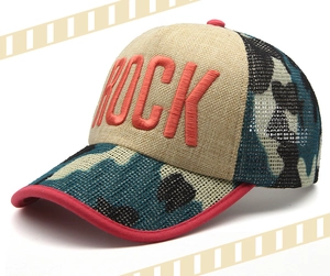 Detail of red ROCK embroidery and camo mesh on this breathable summer baseball cap