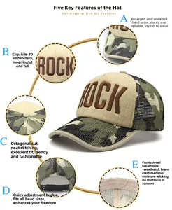 Detail showing the 3D ROCK embroidery and breathable camo mesh on this baseball cap