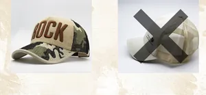 Detail of camouflage baseball cap with ROCK 3D embroidery and breathable mesh comparison