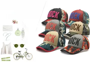 Detail of 3D ROCK embroidery on camouflage trucker caps with mesh back panels