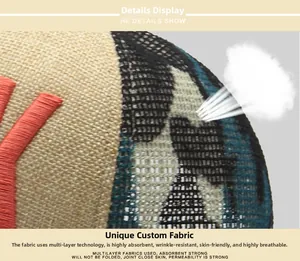 Close-up of camouflage baseball cap fabric showing breathable mesh and red embroidery