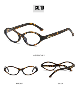 Three-way view of retro tortoiseshell oval sunglasses with gold letter temple detail