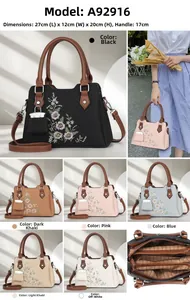 Detail view of floral embroidered handbag in six colors with multi-pocket interior design
