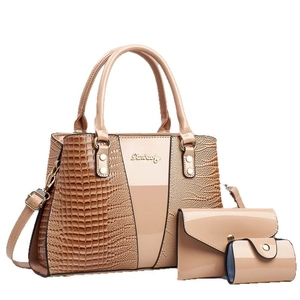 Beiges 3-teiliges Handtaschen-Set mit Krokodil-Prägung, Shopper, Geldbörse und Etui