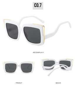 Detailed views of white square oversized sunglasses with gold metal accents and grey lenses